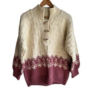 Handmade Chunky Knit Pullover Sweater M/L Cream Pink Fisherman Nordic Cozy VGUC